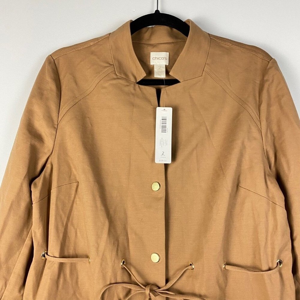 Chicos Drawstring Duster Jacket Womens 2P US PL Brown Sugar Snap Button Pockets - Picture 2 of 10